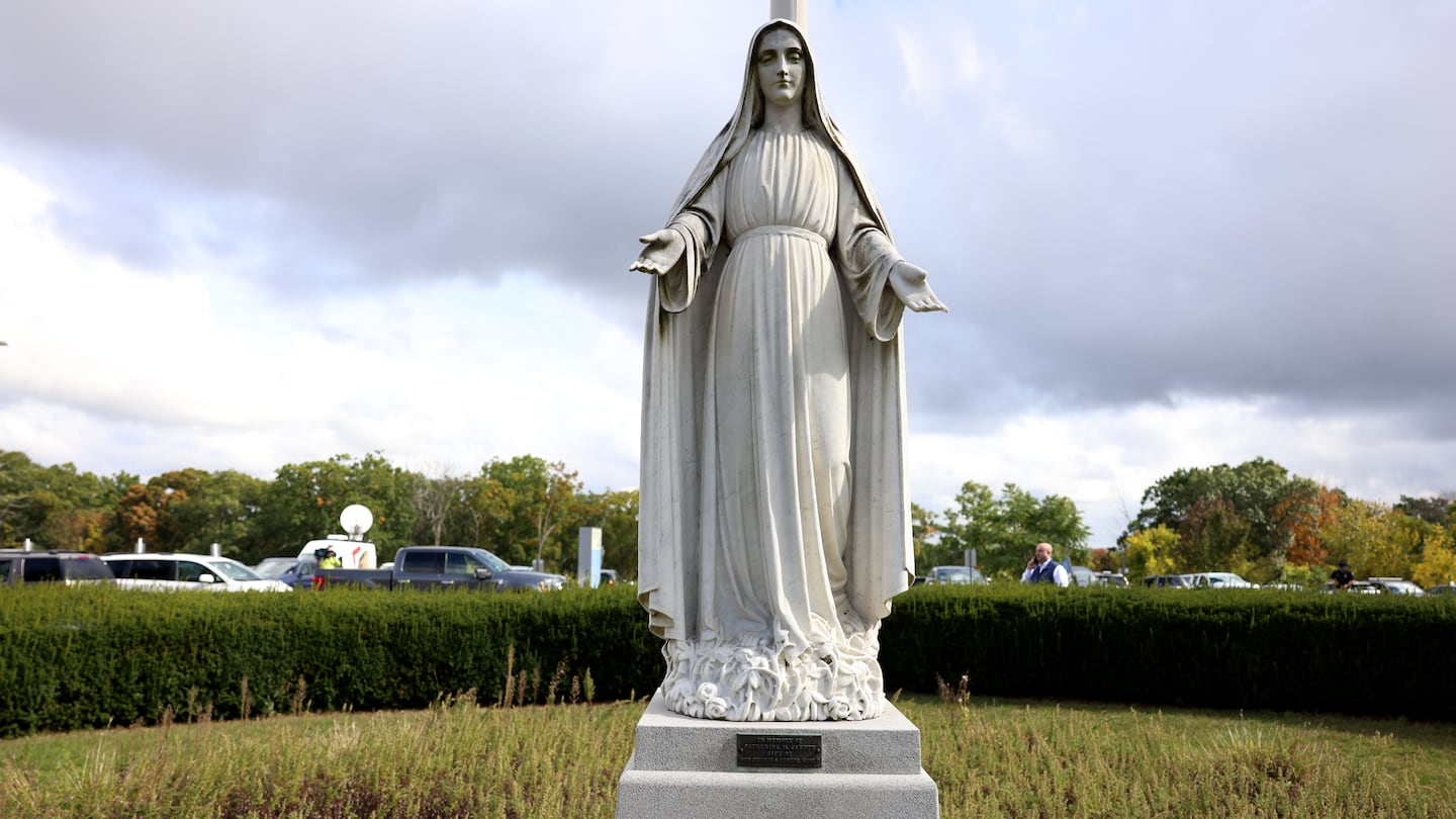 A statue of the Virgin Mary stood outside of Holy Family Hospital, which has been taken over by Lawrence General Hospital. The hospital is in talks over plans to return religious items and rename its two campuses in Haverhill and Methuen.