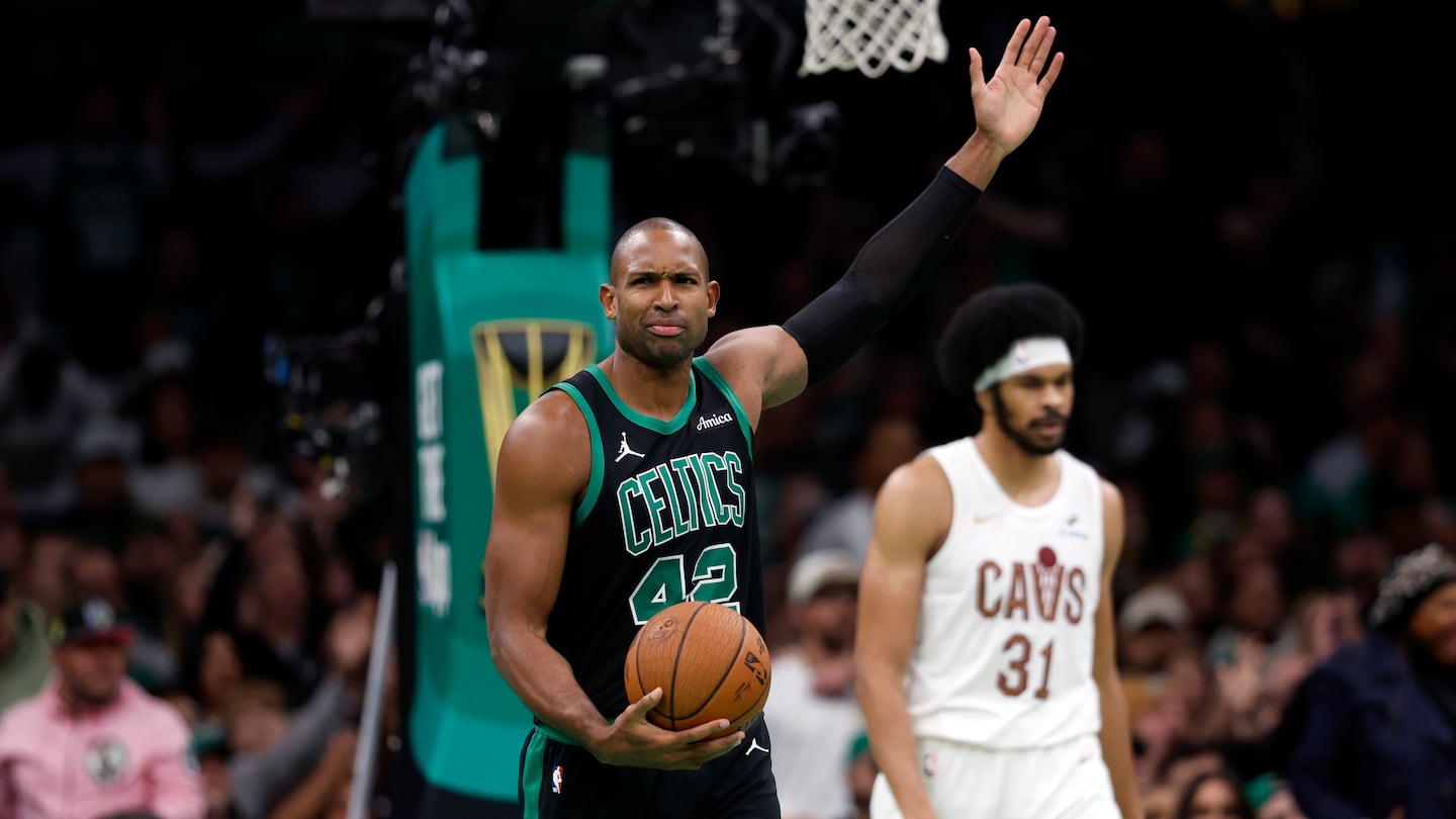 Celtics center Al Horford (left, No. 42) reacts after being called for a fourth-quarter foul in Tuesday night's 120-117 victory over the previously-unbeaten Cavaliers. Horford scored 20 points, hitting 4 of 5 3-pointers,to go along with 7 rebounds, 3 blocked shots and 1 assist.