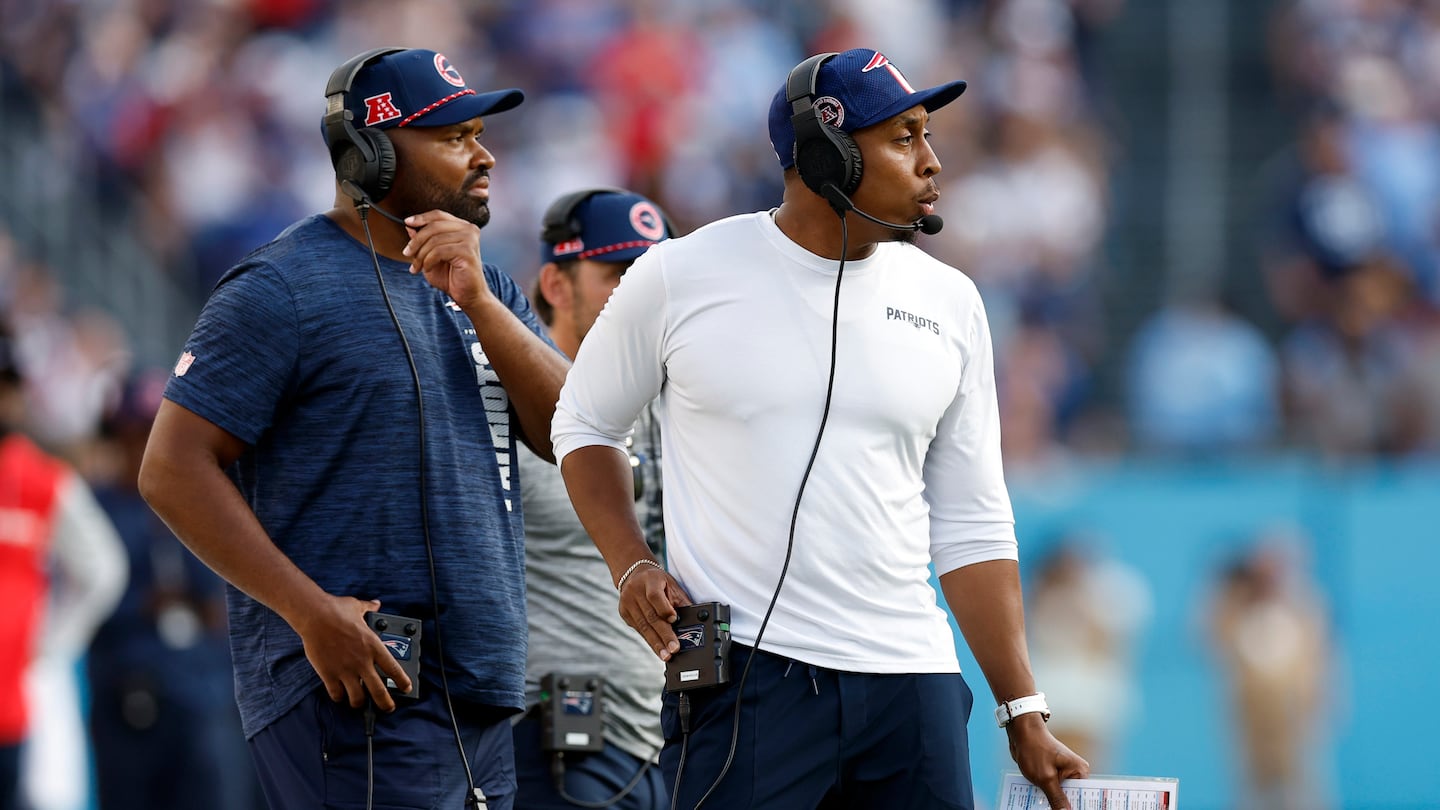 Coach Jerod Mayo (left) and defensive coordinator DeMarcus Covington are employing curious strategies and showing a disturbing inability to make midgame adjustments.