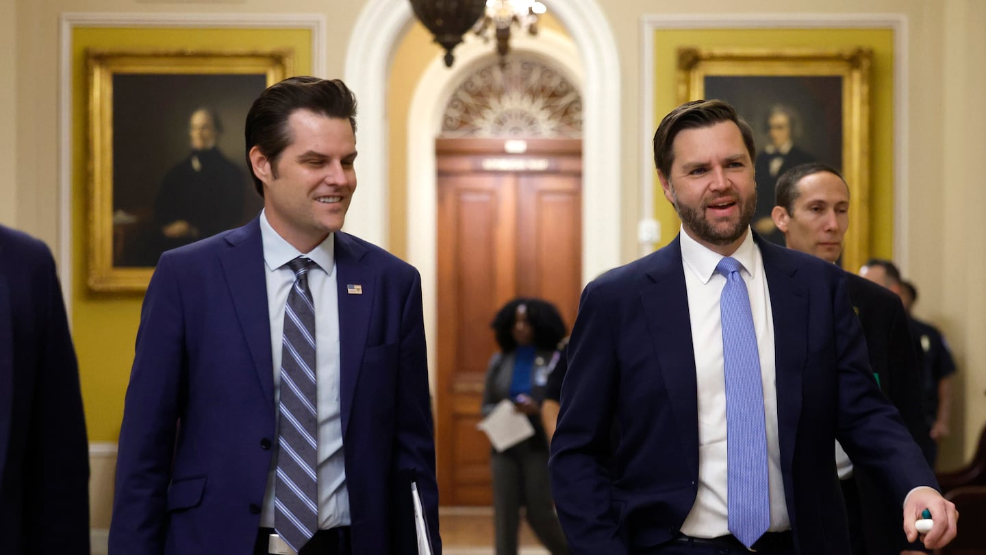 Former representative Matt Gaetz walks alongside Vice President-elect JD Vance at the US Capitol on Nov. 20, 2024 in Washington, DC.