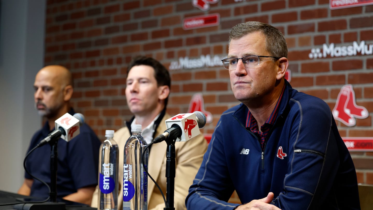 Sam Kennedy (right) sees better days ahead for the Red Sox than when he joined manager Alex Cora (left) and chief of baseball operations Craig Breslow at the 2024 season post-mortem at Fenway Park.