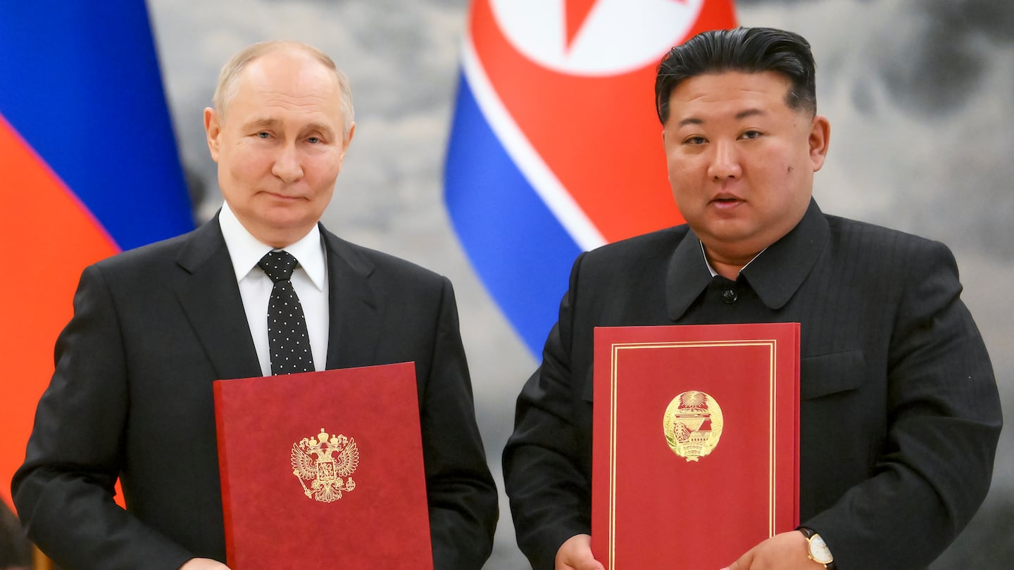 Russian President Vladimir Putin, left, and North Korea's leader Kim Jong Un during a signing ceremony of the new partnership in Pyongyang, North Korea, on June 19.