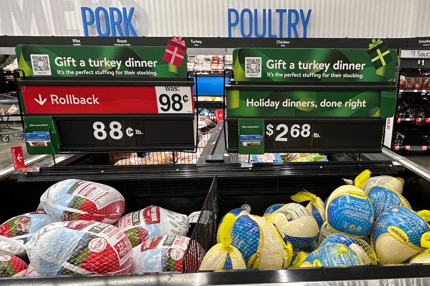 Turkeys were on sale at a Walmart store in Secaucus, N.J., this month. Turkey prices declined this year for the first time since 2018, a Globe data analysis showed.