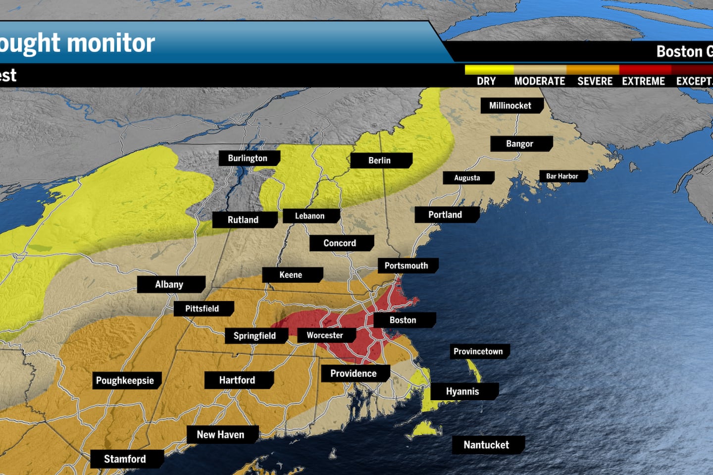 The drought in Boston and surrounding areas has worsened and is now experiencing "extreme" drought conditions, the most urgent level, according to the latest Drought Monitor analysis.