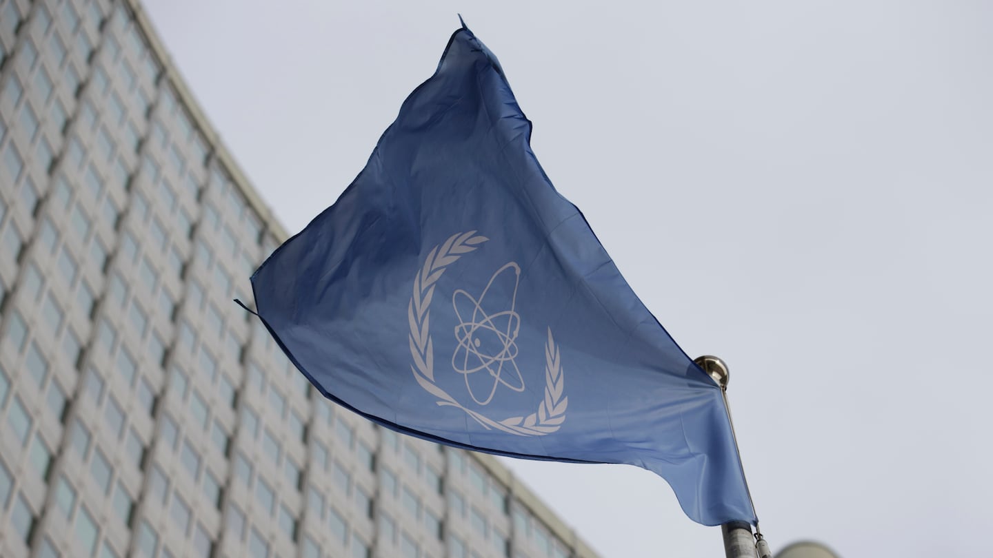 The flag of the International Atomic Energy Agency in front of its headquarters during an IAEA Board of Governors meeting in Vienna, Austria, last year.