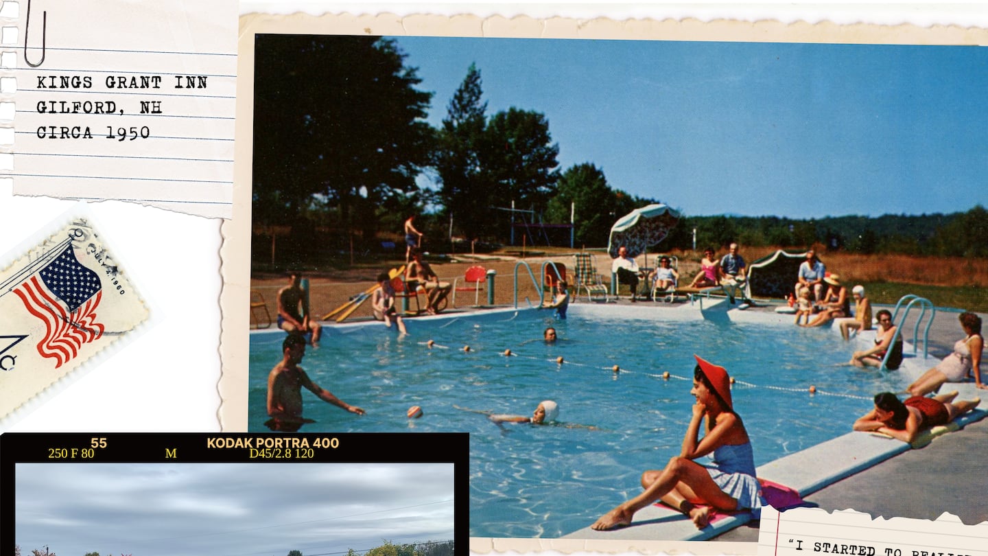 A postcard of Kings Grant Motel in Gilford, N.H., in its midcentury heyday and a photo of what it looks like now. A Virginia woman is documenting the fate of small roadside motels as they fade into obscurity.