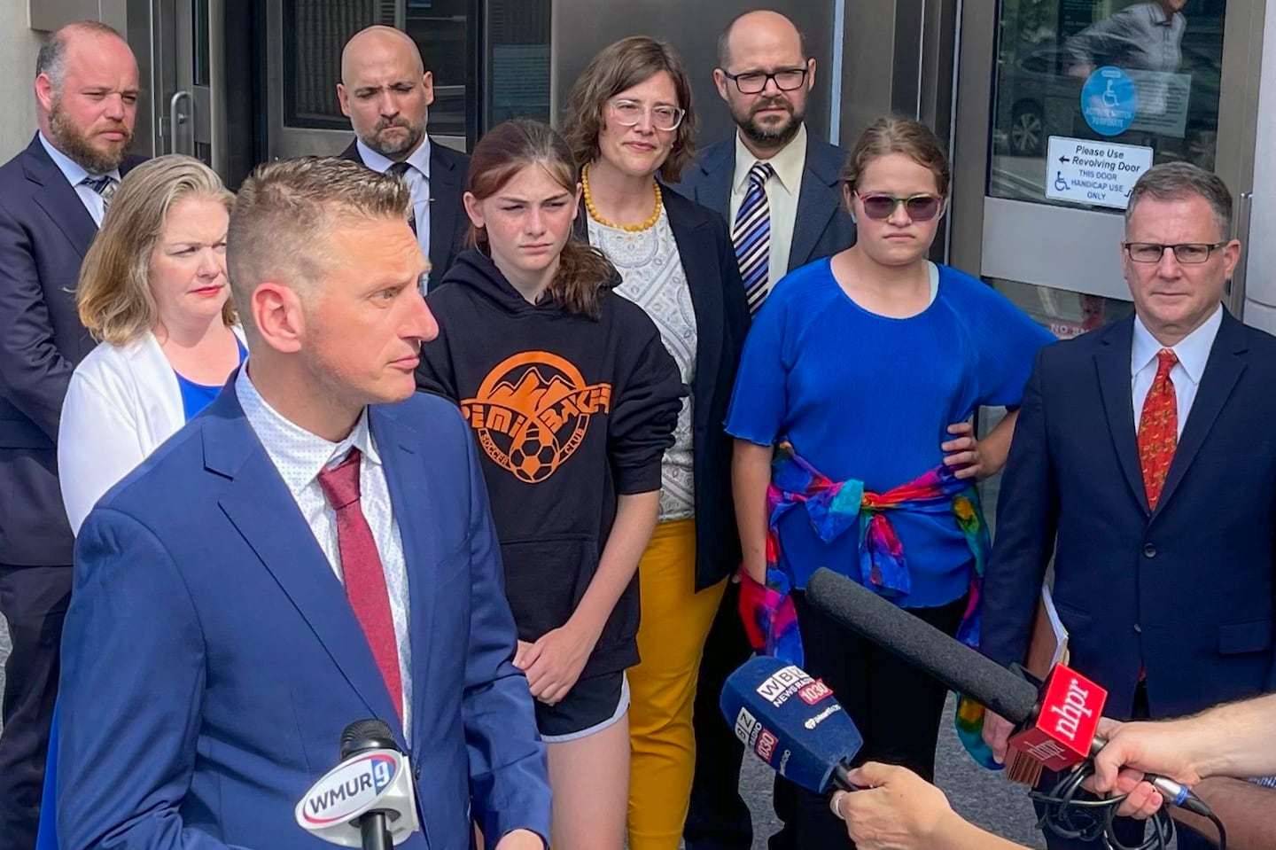 Chris Erchull, a senior staff attorney with GLAD, takes questions from reporters outside of the federal courthouse in Concord, N.H., on Monday, Aug. 19, 2024.