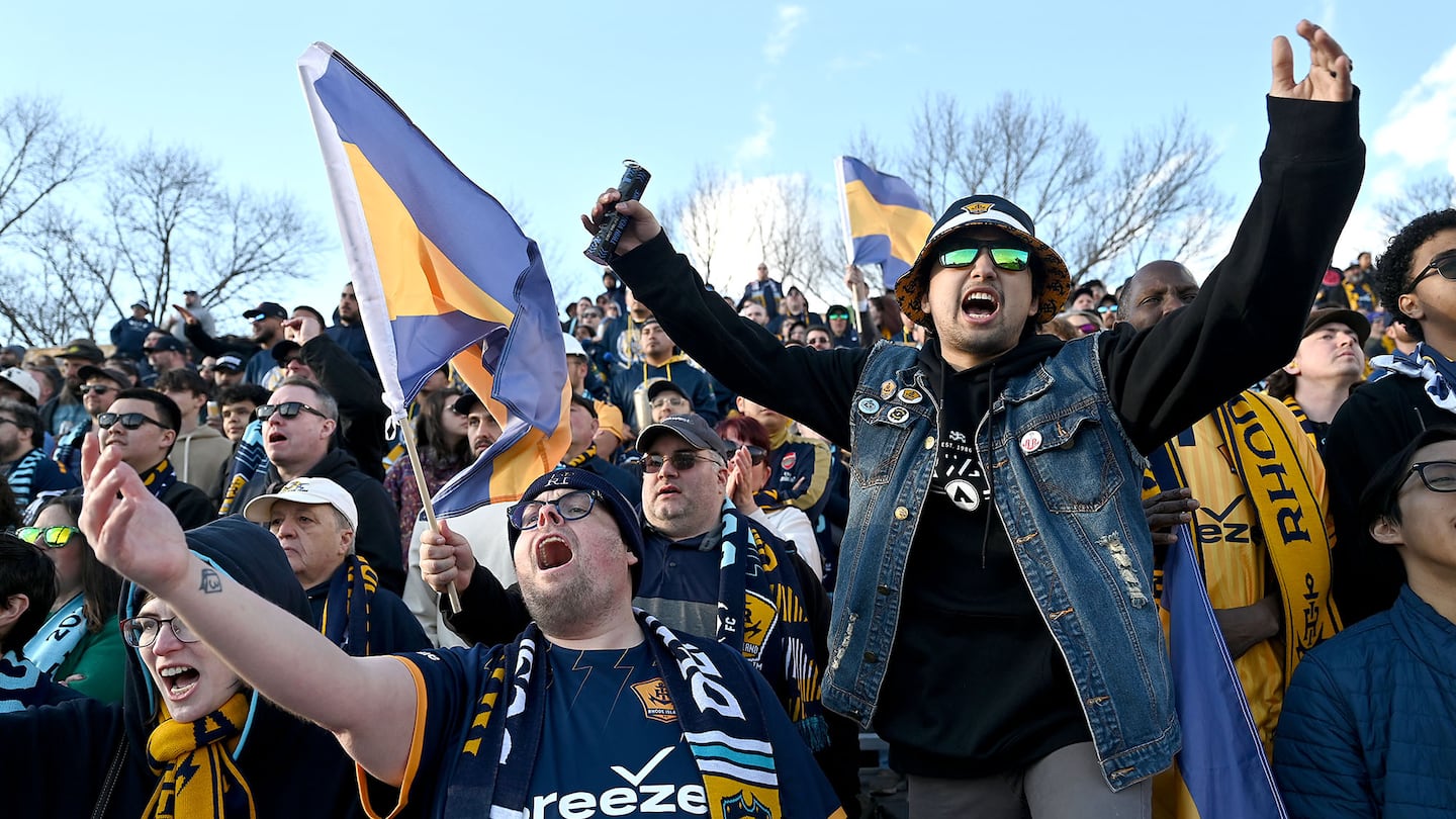 Passionate Rhode Island FC fans chant during the second half of the sold-out home opener against New Mexico United  at Beirne Stadium in Smithfield, R.I.