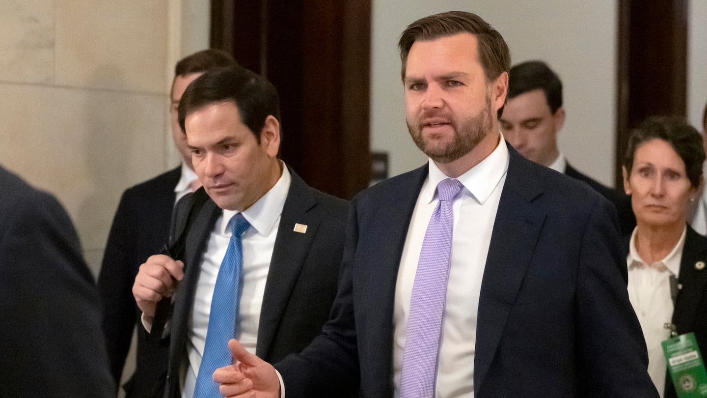 Senator Marco Rubio, left, and Vice President-elect Senator JD Vance walk together on Capitol Hill, Thursday, Nov. 21, 2024, in Washington.