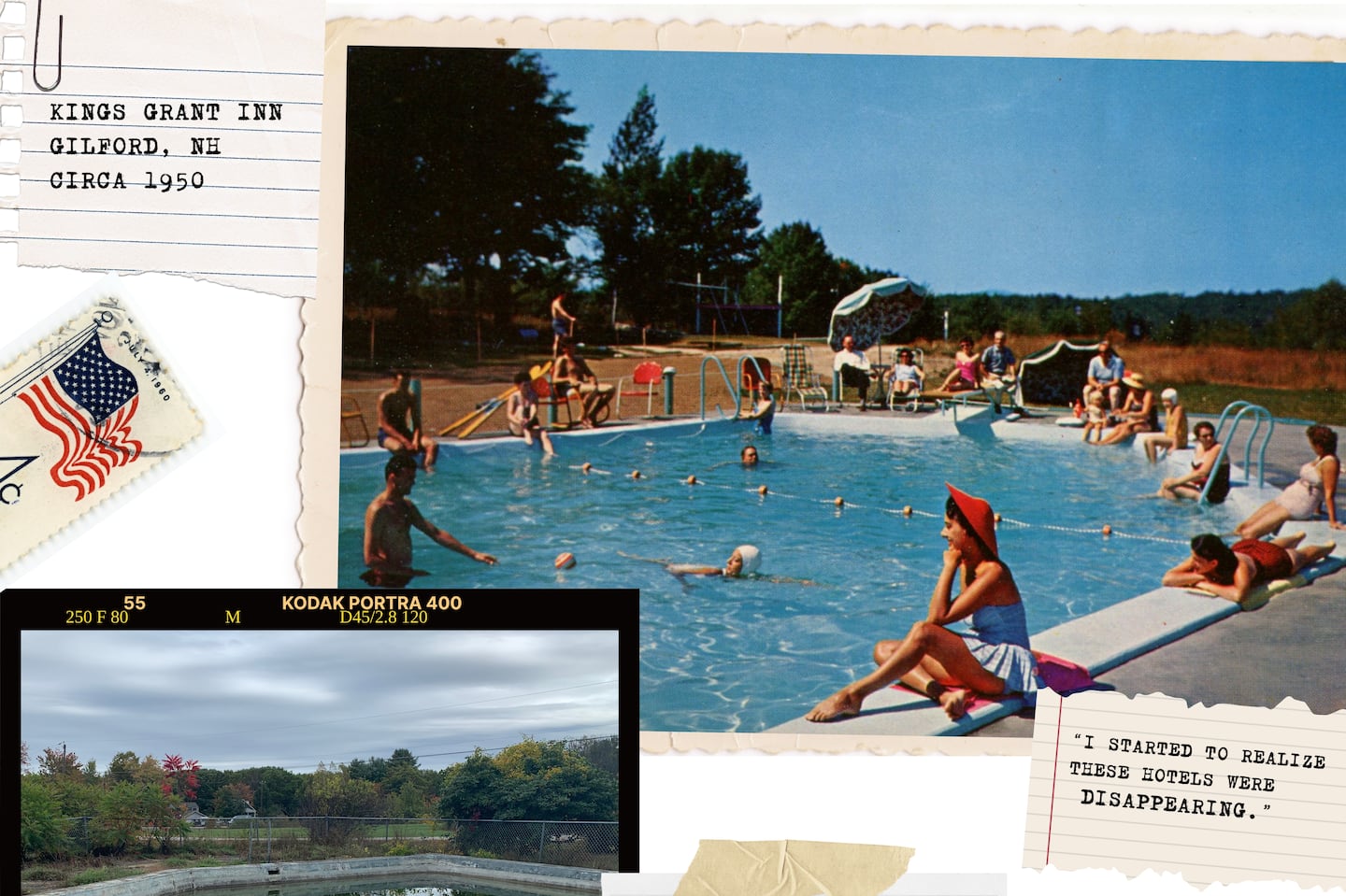 A postcard of Kings Grant Motel in Gilford, N.H., in its midcentury heyday and a photo of what it looks like now. A Virginia woman is documenting the fate of small roadside motels as they fade into obscurity.