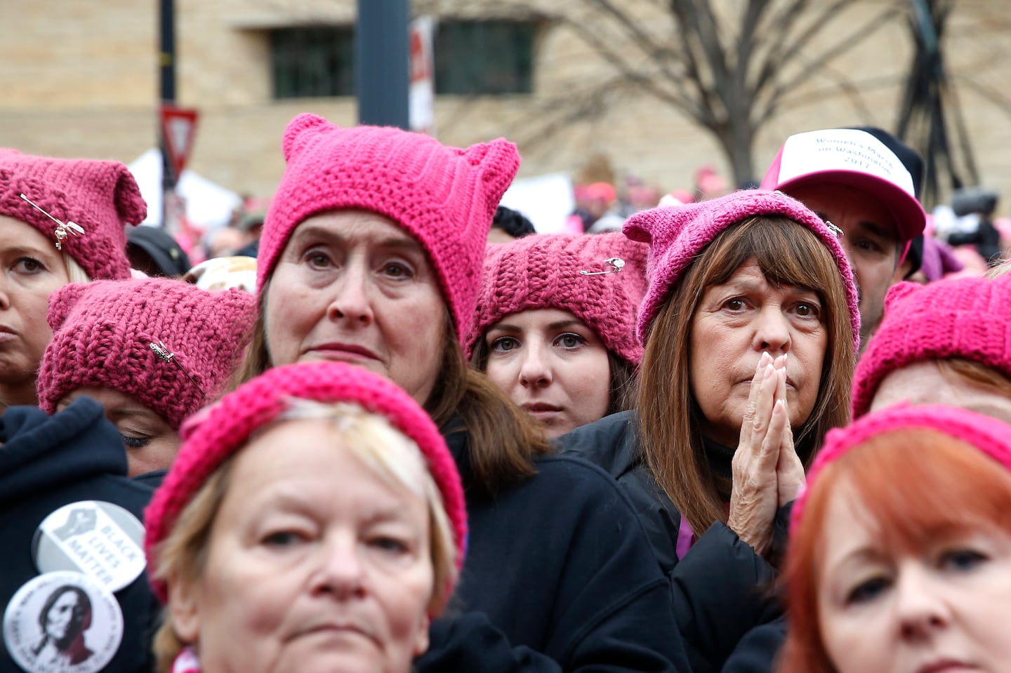 Women reacted as they listened to a speaker during a rally at the Women's March on Washington, D.C., on Jan 21, 2017.