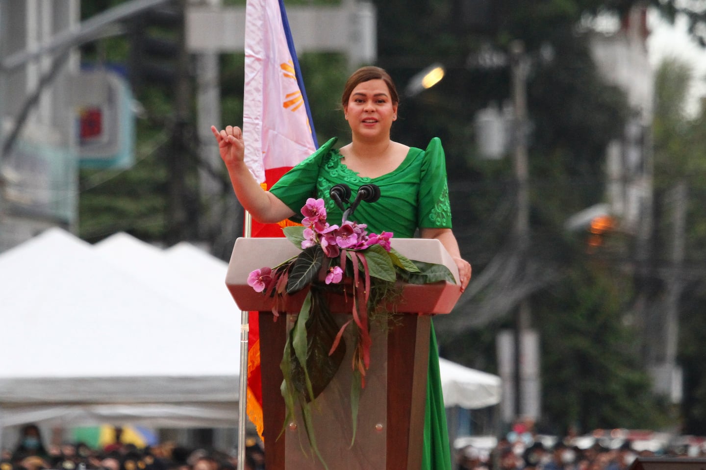 Philippine Vice President Sara Duterte, daughter of outgoing populist president of the Philippines, delivers her speech during her oath-taking rites in Davao city, southern Philippines, on June 19, 2022.