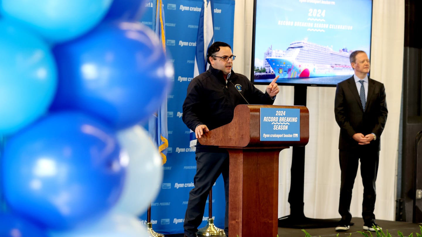 State Senator Nick Collins (left) with Massport CEO Rich Davey. Massport announced at a Friday event that they will invest $60 million in bringing ship-to-shore power for cruise ships, so they no longer have to idle on diesel engines when docked at the Flynn Cruiseport.