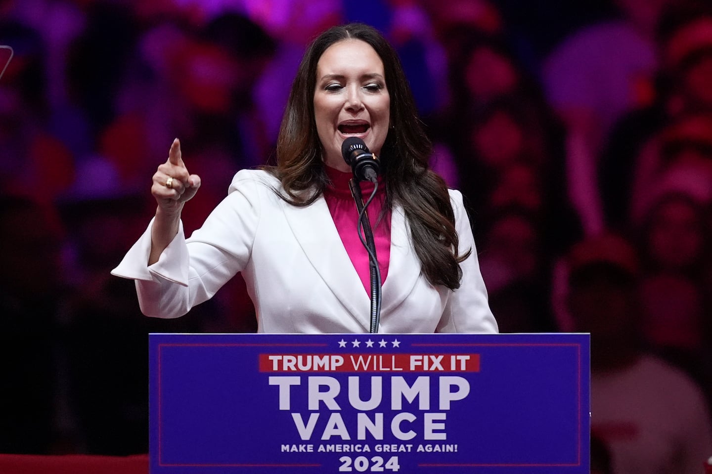 Brooke Rollins speaks before Republican presidential nominee former President Donald Trump speaks at a campaign rally at Madison Square Garden, Sunday, Oct. 27, 2024, in New York.