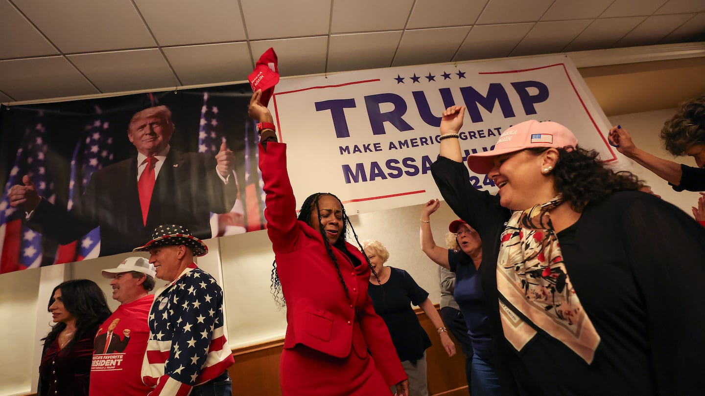 Trump supporters celebrated during a Massachusetts for Trump 2024 election night watch party at White’s of Westport.