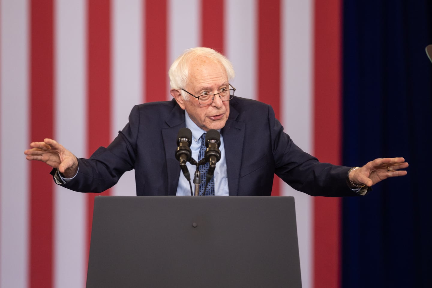 Senator Bernie Sanders, Independent of Vermont, delivers remarks at NHTI Concord Community College in Concord, N.H., before President Joe Biden on Oct. 22. The visit was to highlight the Biden-Harris administration's goal of lowering the cost of prescription drugs.