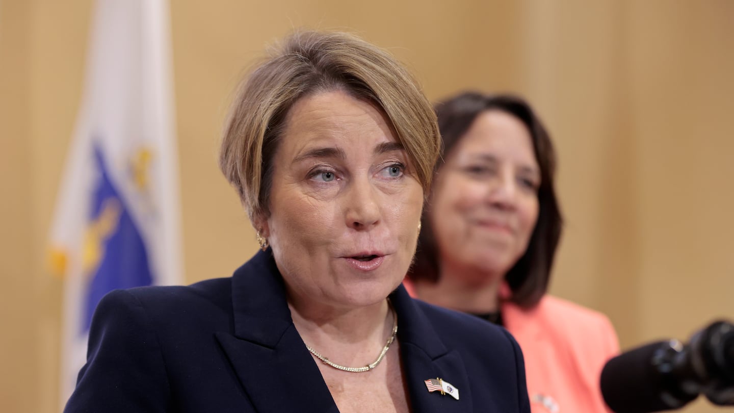 Governor Maura Healey, accompanied by Lieutenant Governor Kim Driscoll, right, in November 2024.