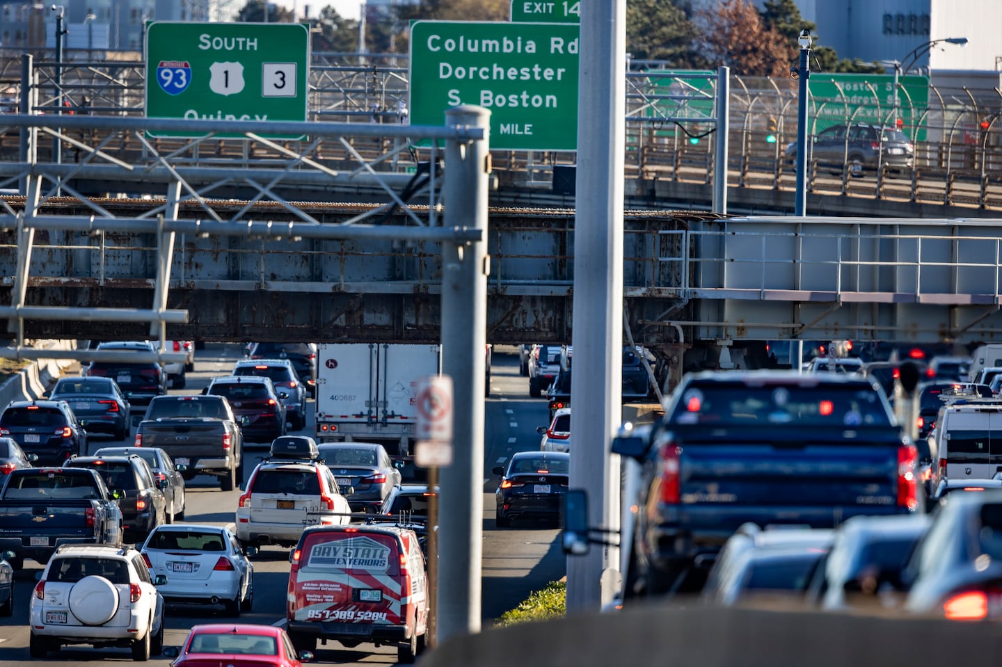 Traffic crawls on a jammed Interstate 93 South in Boston ahead of Thanksgiving Day in 2021.