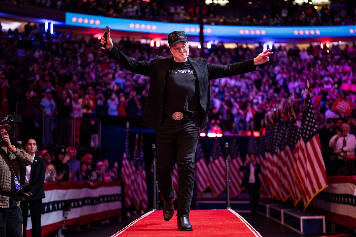 Elon Musk walks out to speak at a campaign rally for Donald Trump at Madison Square Garden in New York on Oct. 27.