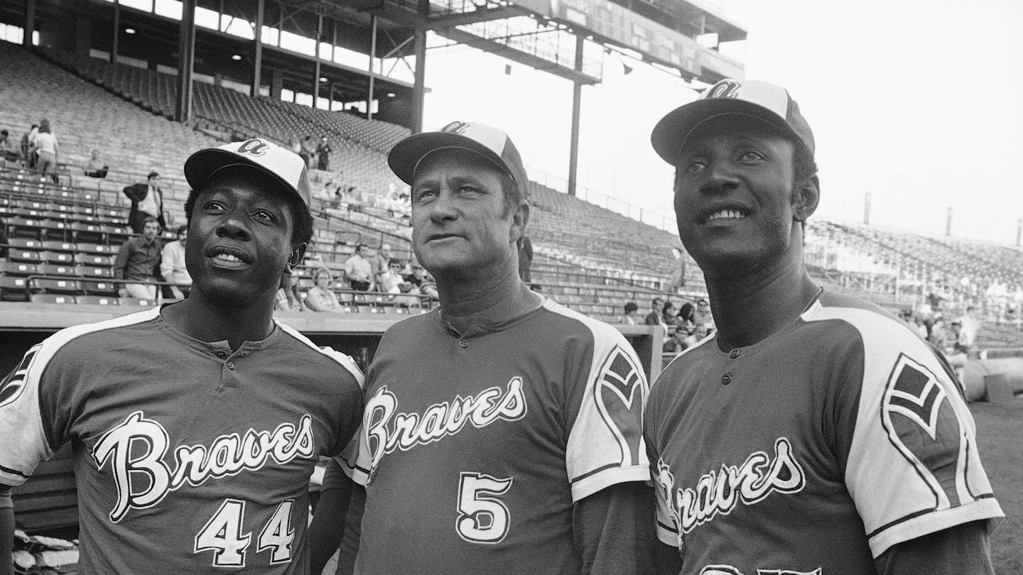 Mr. Carty (right), with Hank Aaron (left) and Lew Burdette before exhibition game against the Brewers in Milwaukee in 1972.