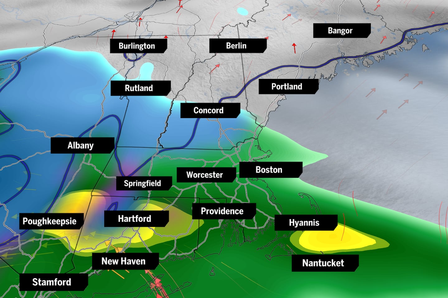 The Baron weather model shows a rain-snow line setting up near Northwest Massachusetts.