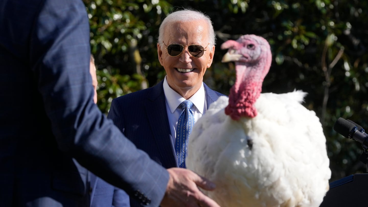 President Biden is pictured after pardoning the national Thanksgiving turkey, Peach, during a ceremony on the South Lawn of the White House in Washington, Monday, Nov. 25, 2024.