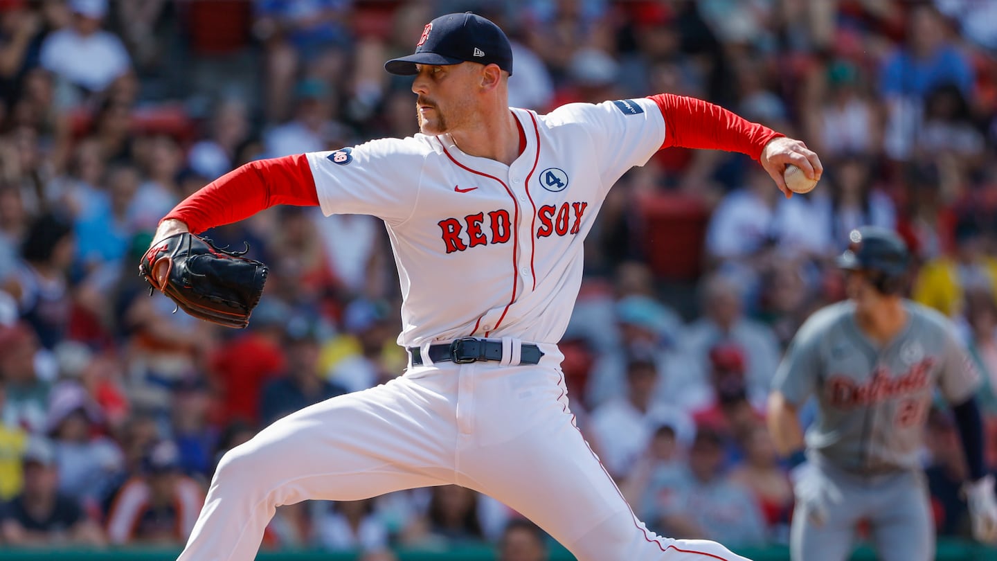 Boston  MA    6/2/24  03redsox    Boston Red Sox Cam Booser delivers a pitch against the Detroit Tigers during tenth inning MLB action at Fenway Park.   Photo by Matthew J Lee/Globe Staff
