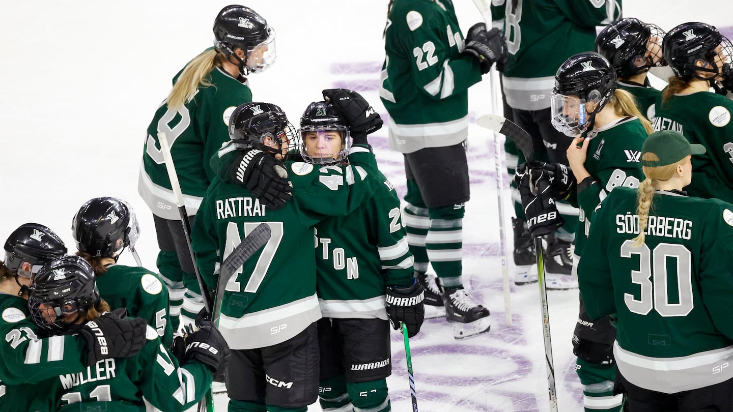 Boston players console each other after their loss in Game 5 of the 2024 Walter Cup Finals.