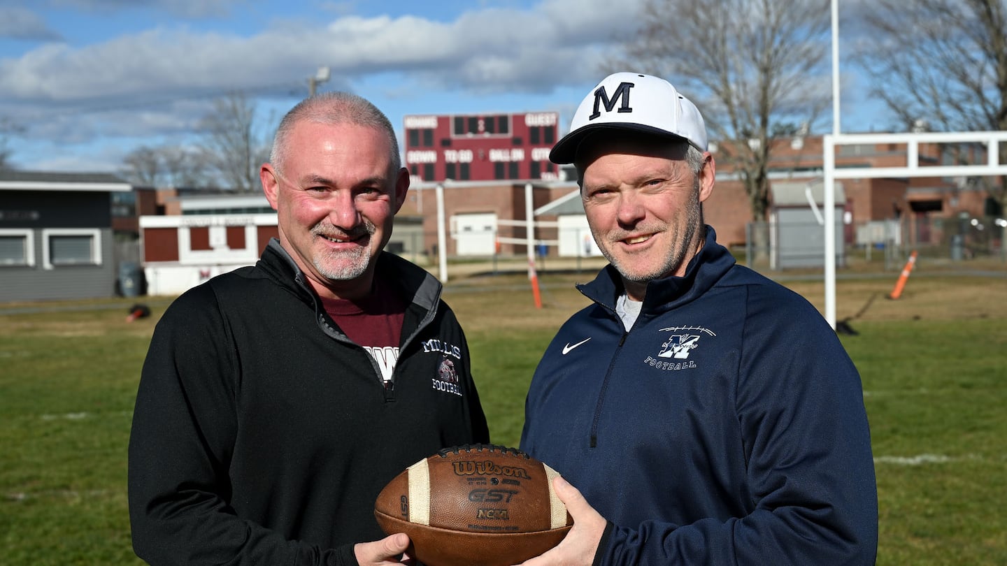 On the 100th anniversary season for the Millis football program, coach Bob Martellio (left) and the Mohawks will host traditional Thanksgiving rival Medway, under the direction of coach Ted Rigney (right).