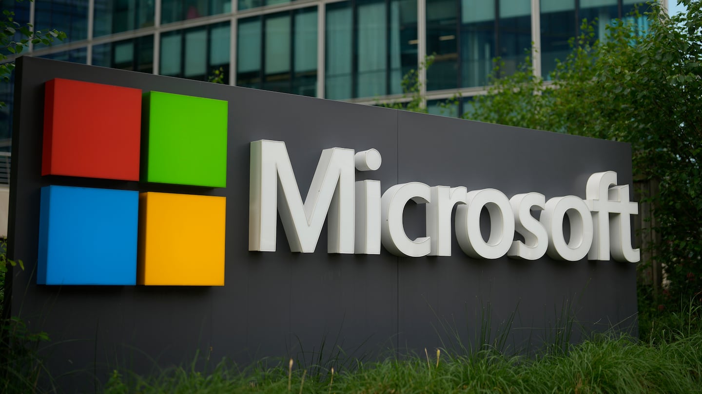 The Microsoft logo is displayed outside its French headquarters in Issy-les-Moulineaux, outside Paris.