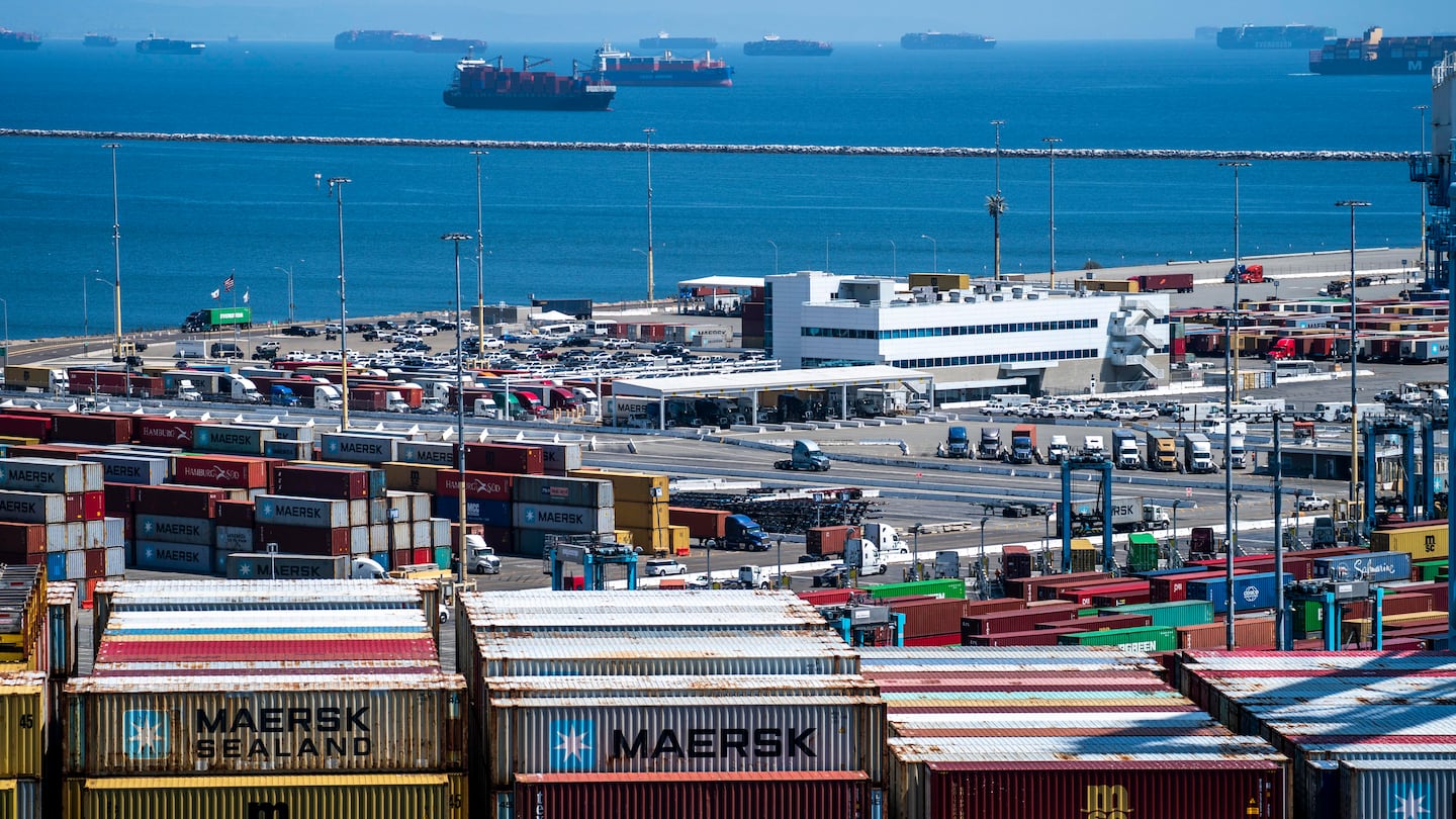 Container ships wait offshore of the Port of Los Angeles on Sept. 2, 2021.