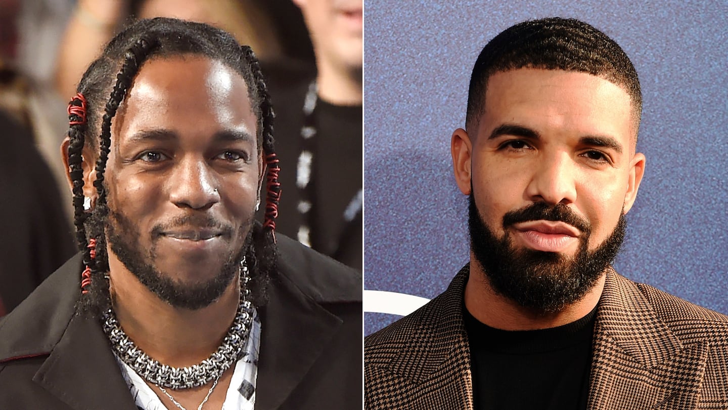 Rapper Kendrick Lamar, left, and Canadian rapper Drake.