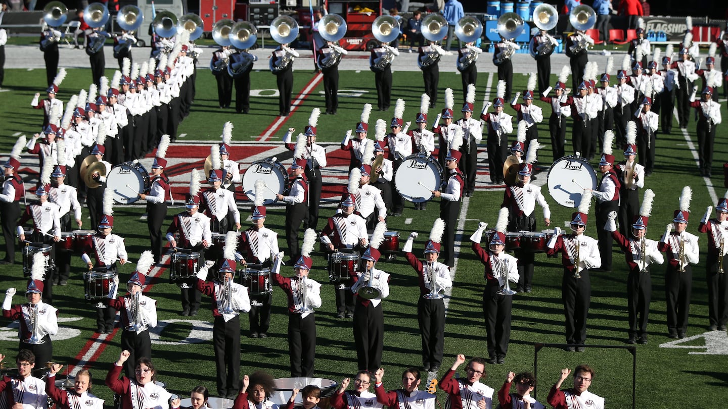 The UMass Amherst marching band played during halftime at McGuirk Alumni Stadium.