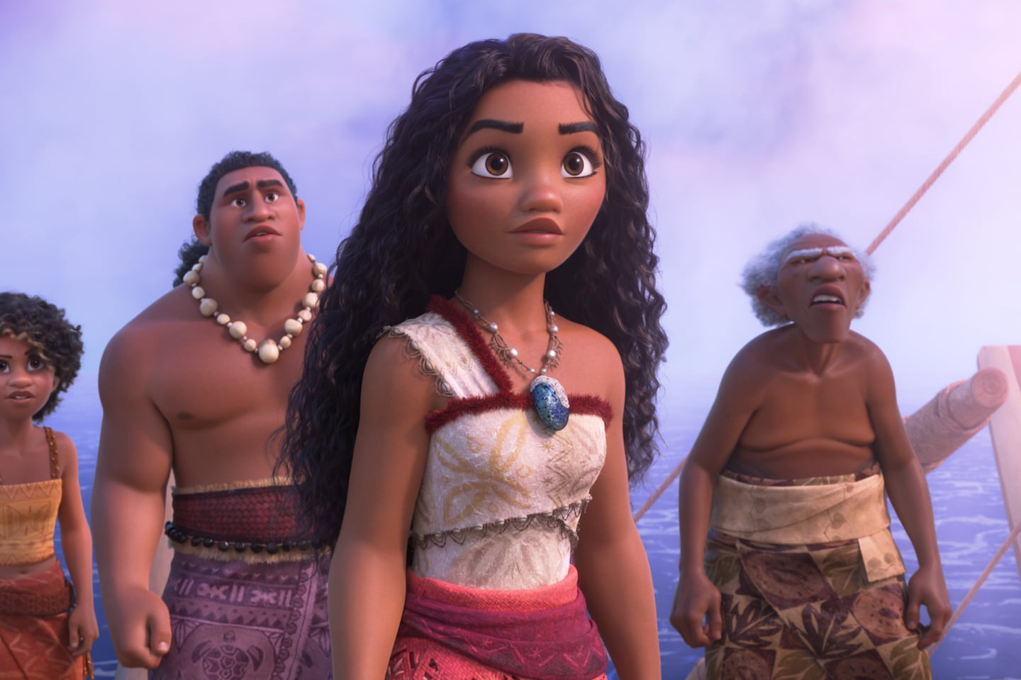 Rose Matafeo as Loto, Hualālai Chung as Moni, Auli'l Cravalho as Moana, David Fane as Kele in Disney's "Moana 2"