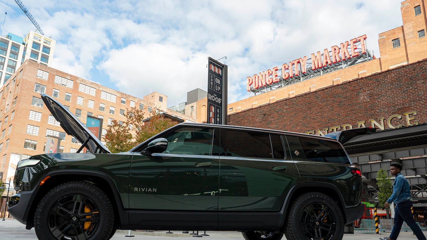 A Rivian R1S was displayed outside of the auto manufacturer's new space at Ponce City Market in 2023 in Atlanta.