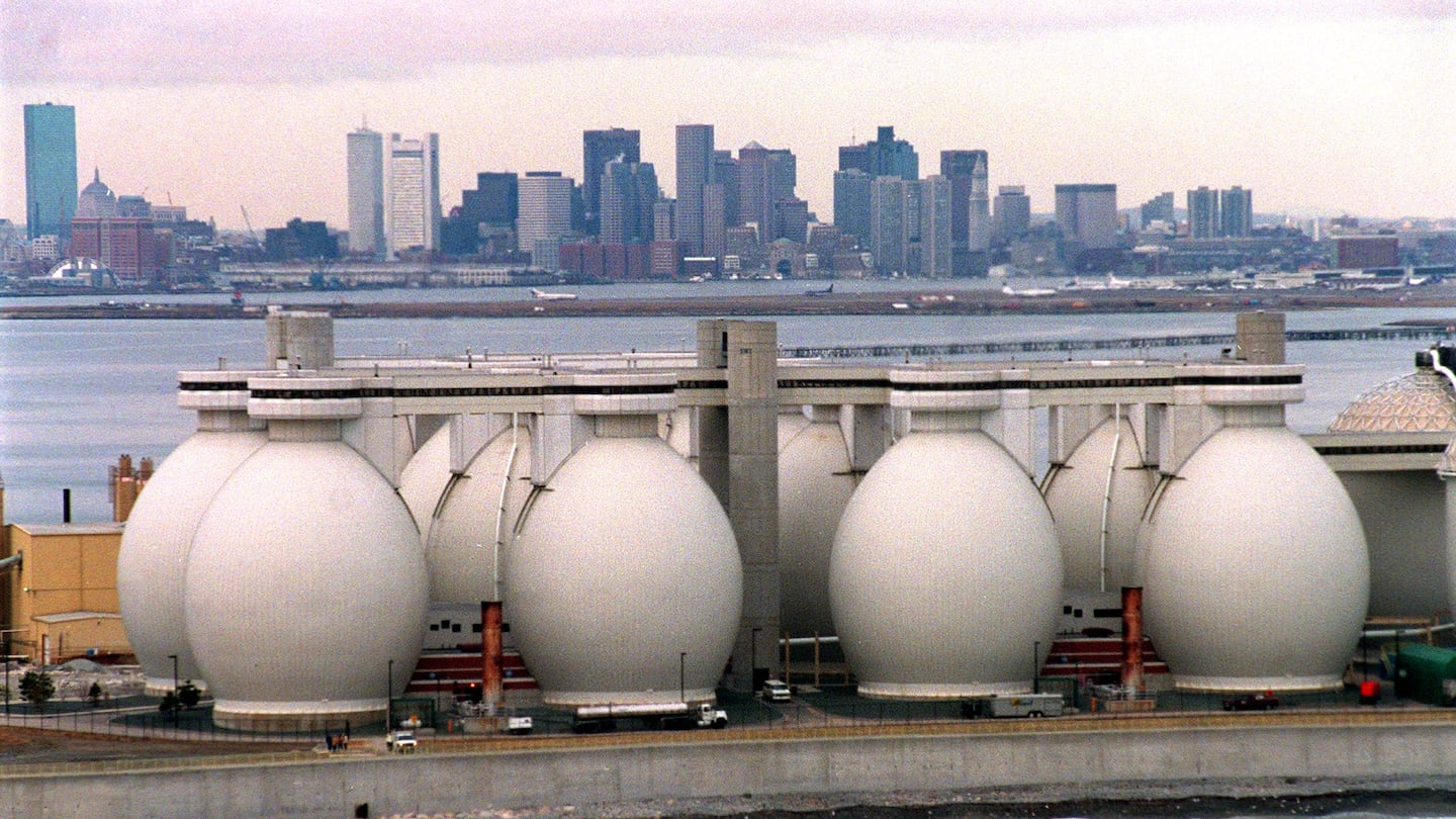 A view of Deer Island, Boston's waste water treatment plant, with the city in the background.