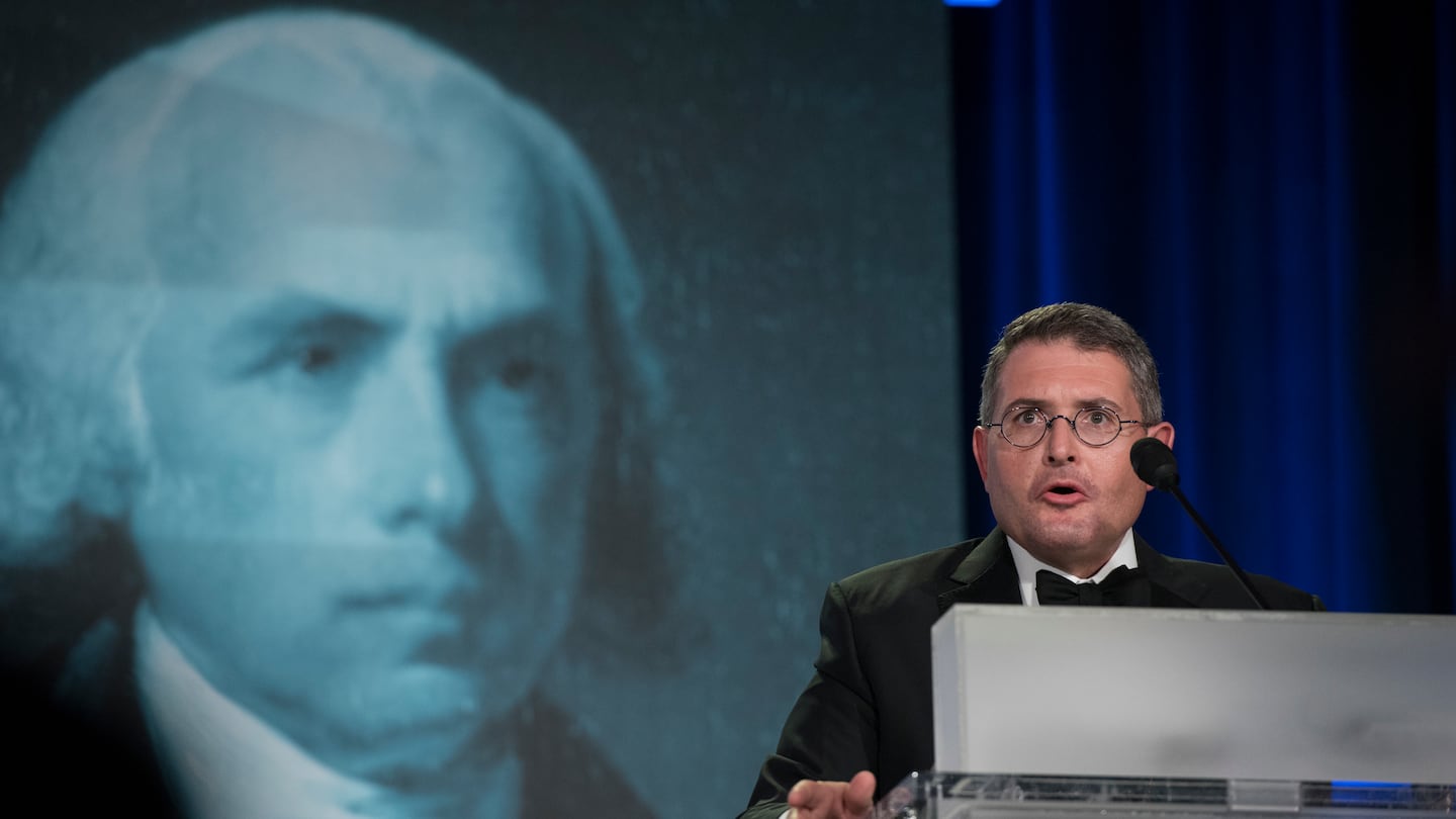 An image of former president James Madison is seen behind Leonard Leo, as he speaks at the National Lawyers Convention in Washington, on Nov. 16, 2017.