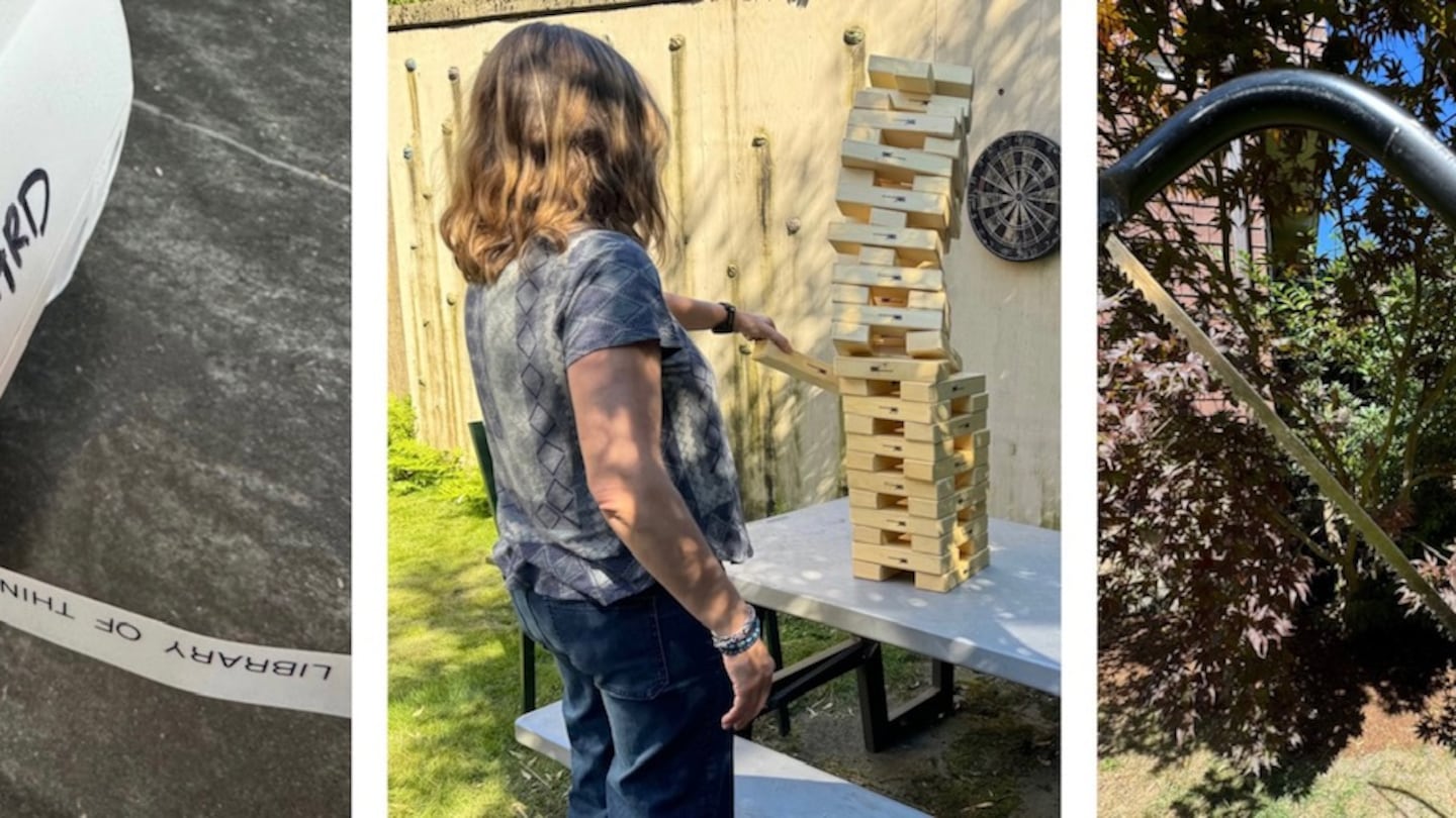 A borrowed label maker from the Maynard library, a giant Jenga game, and a bow saw borrowed from Coolidge Corner's Library of Tools.