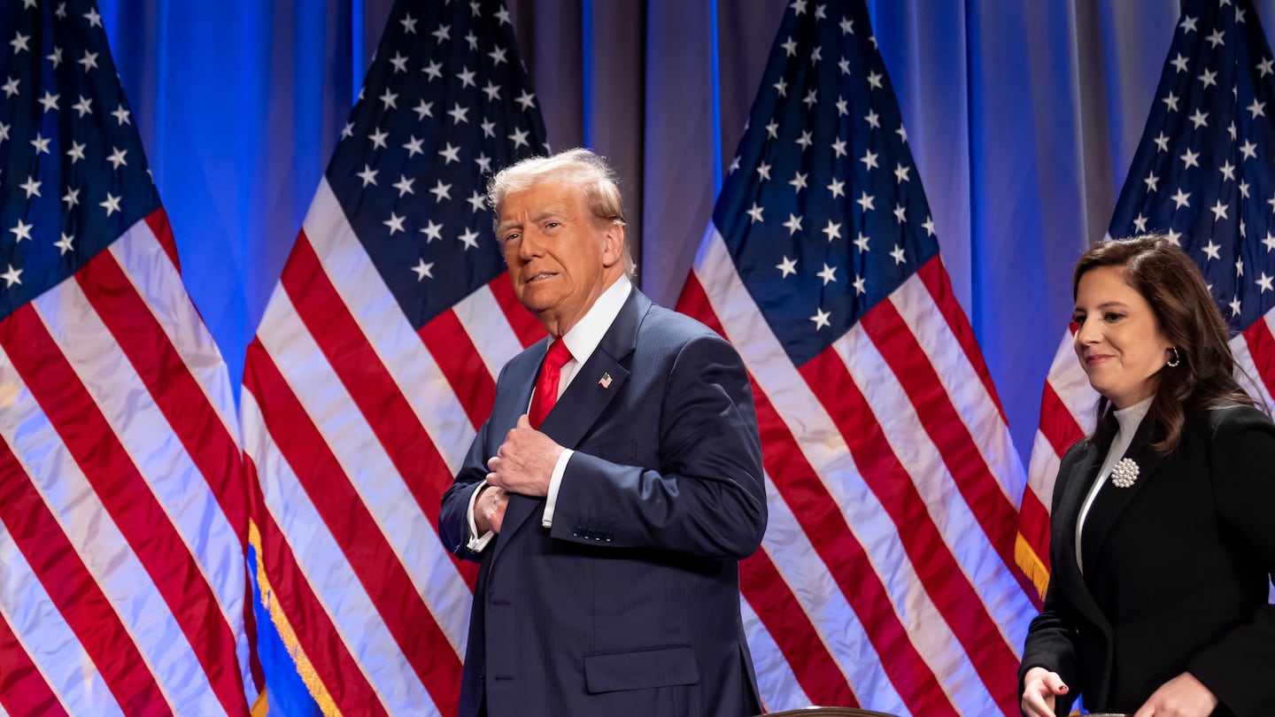 President-elect Donald Trump arrives to speak at a meeting of the House GOP conference, followed by Representative Elise Stefanik Wednesday, Nov. 13, 2024, in Washington.