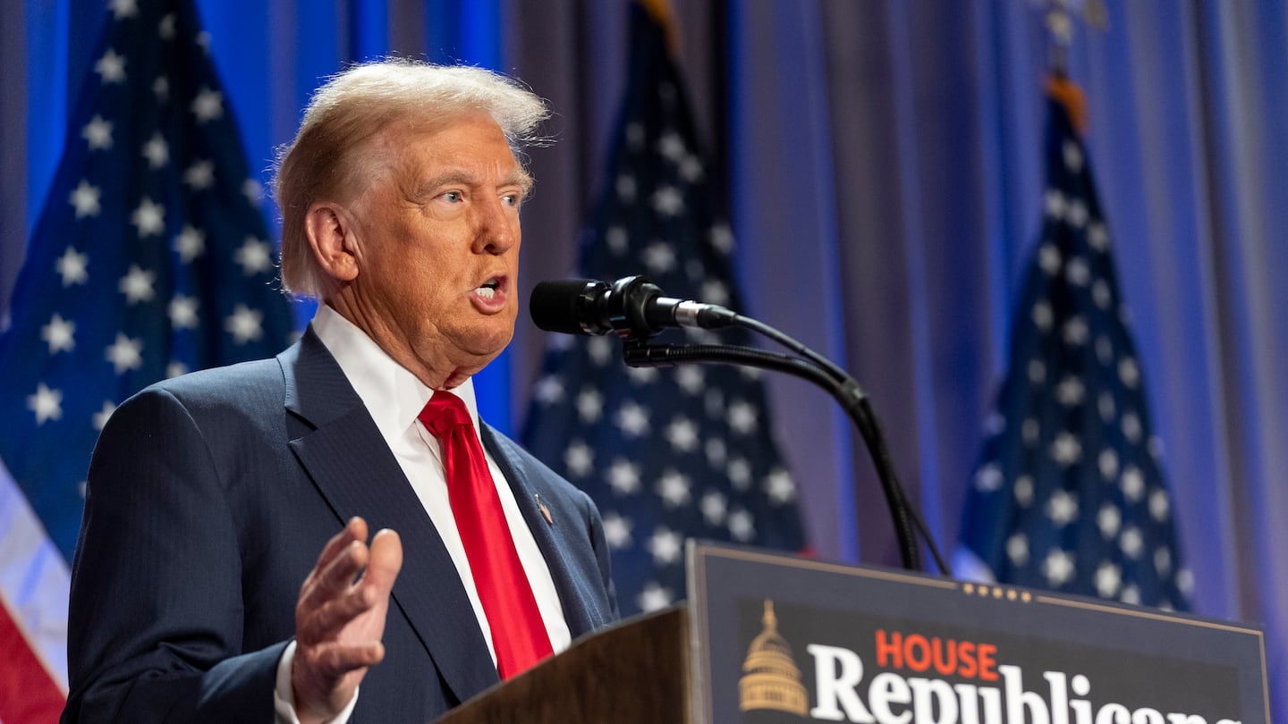 President-elect Donald Trump speaks at meeting of the House GOP conference, Nov. 13, 2024, in Washington.