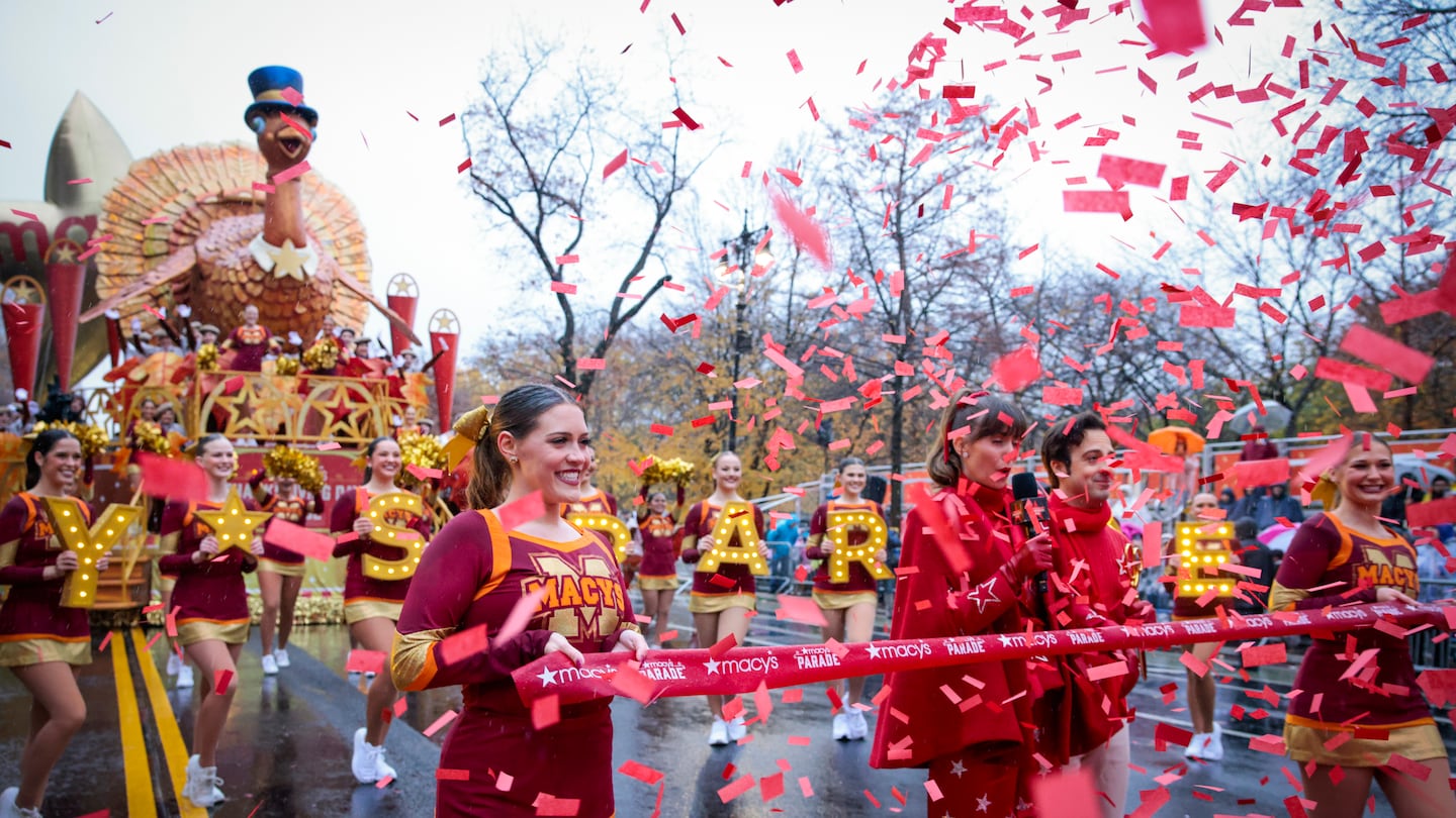 Reveller reacts as the Annual Thanksgiving Day Parade kicks off on November 28, 2024 in New York City.