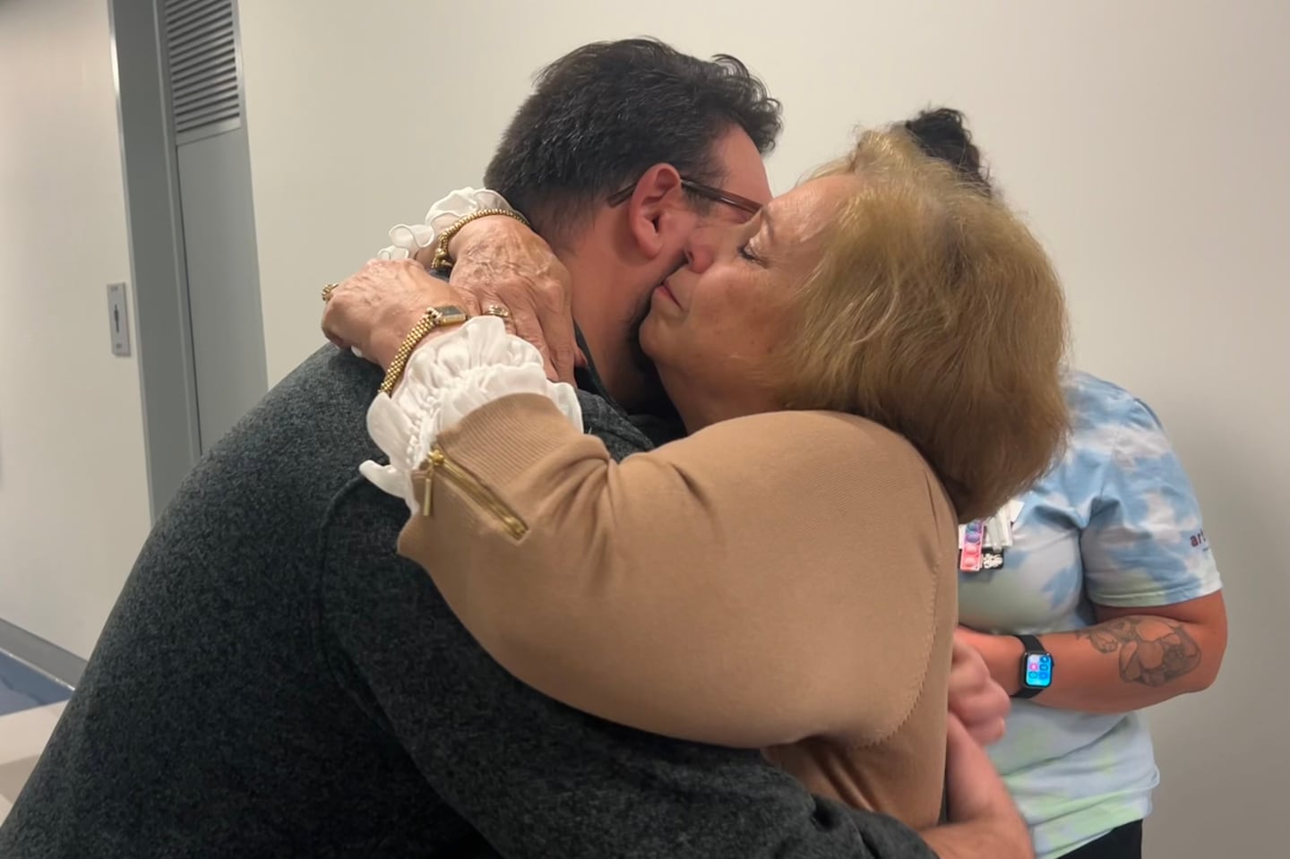 Wendy Lyon received an embrace at UMass Memorial Medical Center on Sept. 26, 2024.