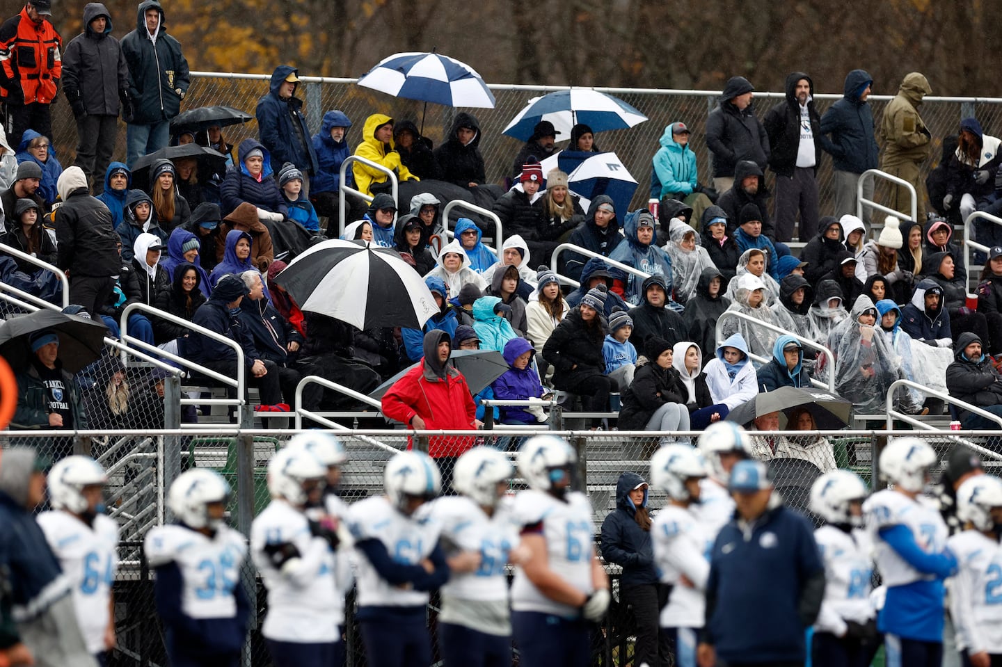 Fans use umbrellas to shield from the rain during the Thanksgiving Day game between Franklin and King Philip.