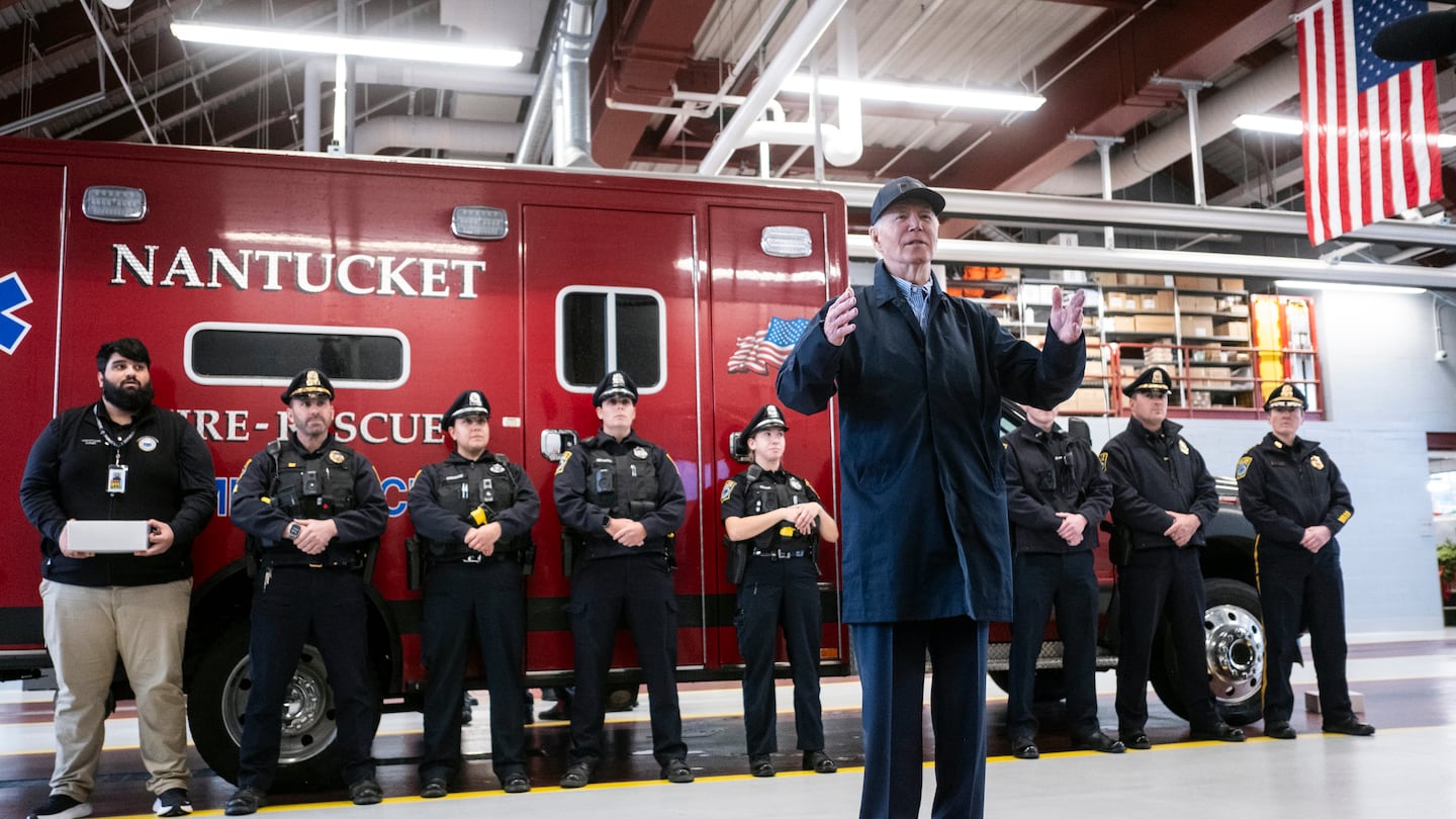 President Joe Biden spoke to reporters as he, first lady Jill Biden, and their grandson, Beau Biden Jr., visited with local police officers and firefighters at the Nantucket Fire Department in Nantucket, Mass., where the Biden's are spending the Thanksgiving holiday, on Thursday.