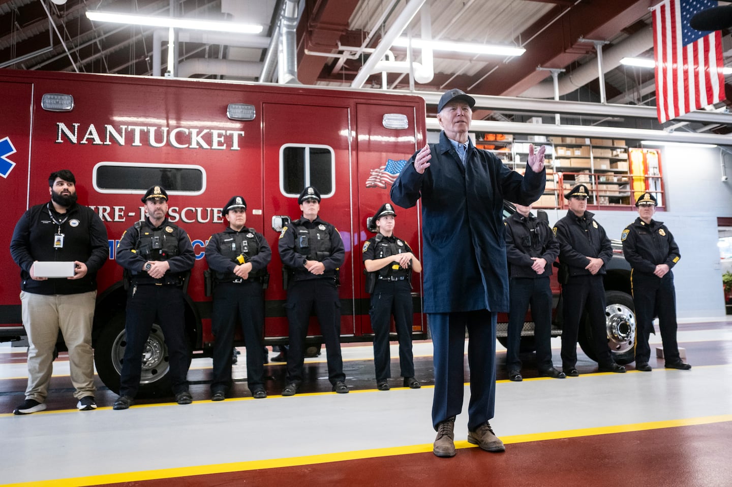 President Joe Biden spoke to reporters as he, first lady Jill Biden, and their grandson, Beau Biden Jr., visited with local police officers and firefighters at the Nantucket Fire Department in Nantucket, Mass., where the Biden's are spending the Thanksgiving holiday, on Thursday.