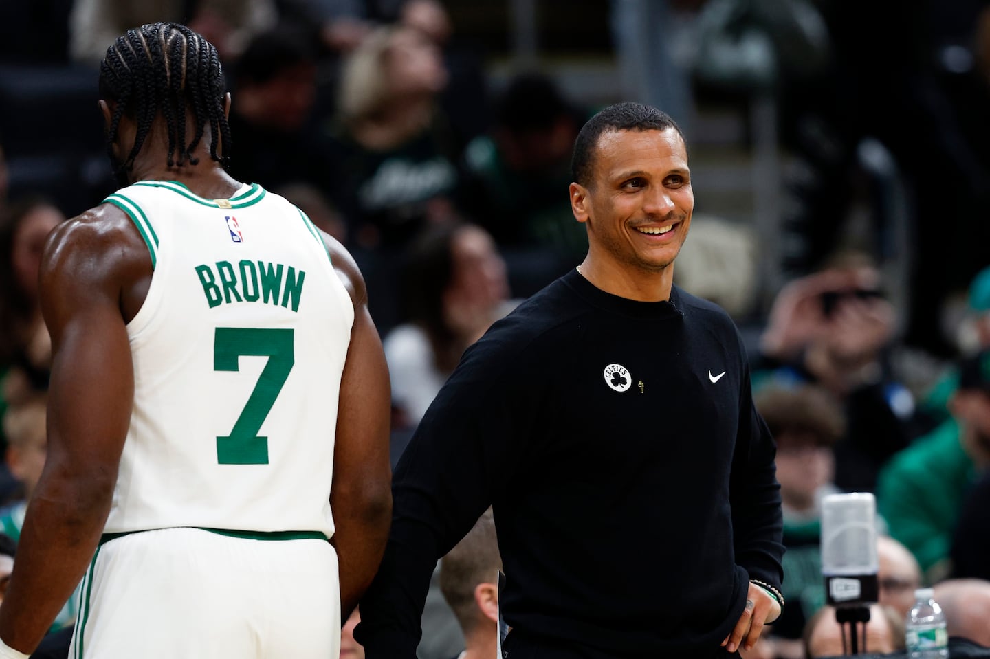 Coach Joe Mazzulla (right) agrees with Jaylen Brown that the Celtics are better when they play a fast game.