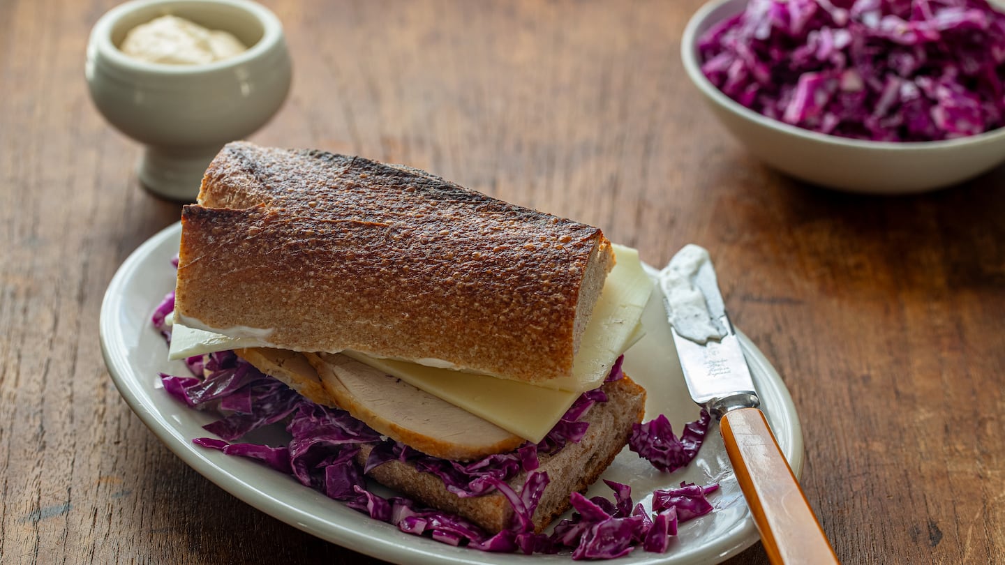 Turkey Cheese Baguette with Red Cabbage Salad.