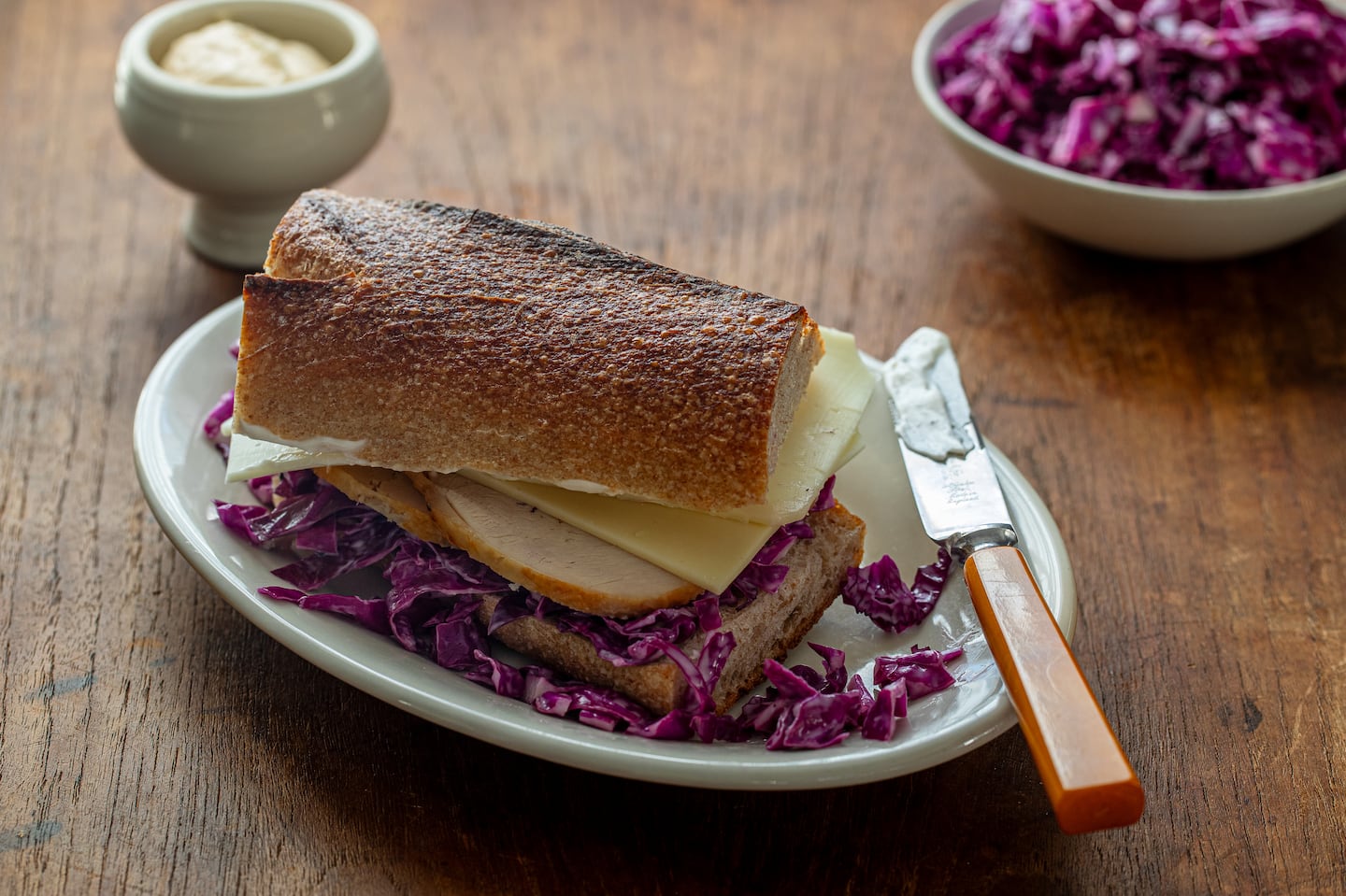 Turkey Cheese Baguette with Red Cabbage Salad.