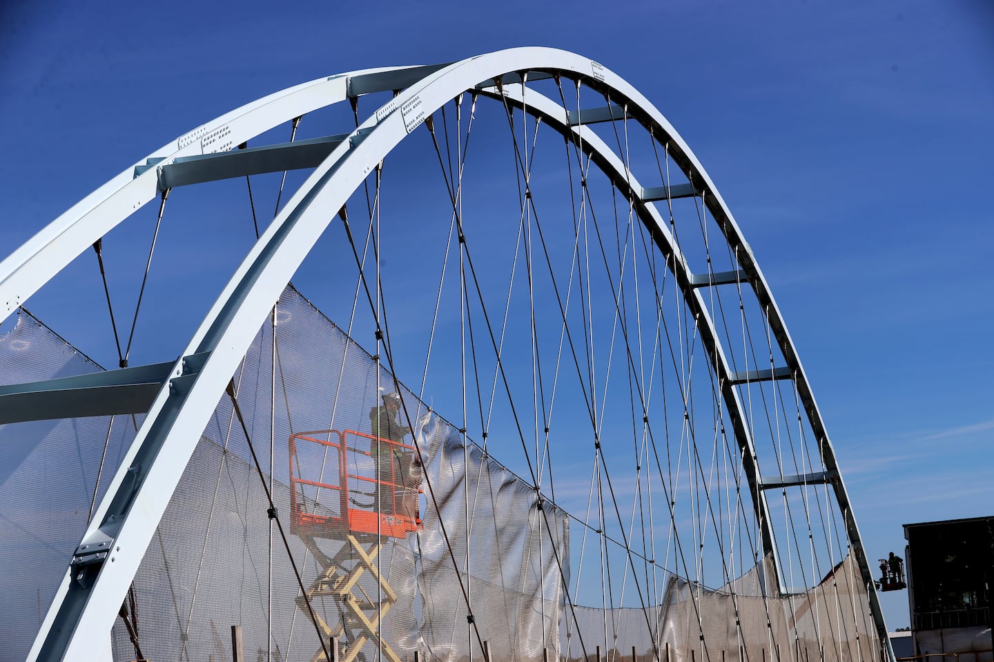 A footbridge, under construction at Purchase Street, that leads to a New Bedford rail station.