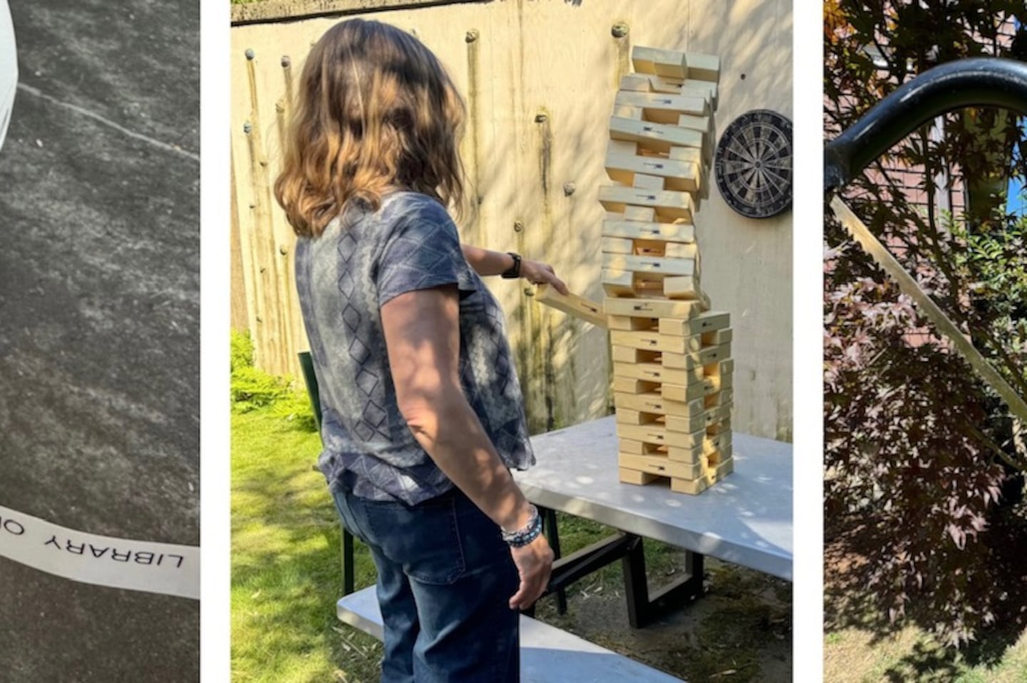 A borrowed label maker from the Maynard library, a giant Jenga game, and a bow saw borrowed from Coolidge Corner's Library of Tools.